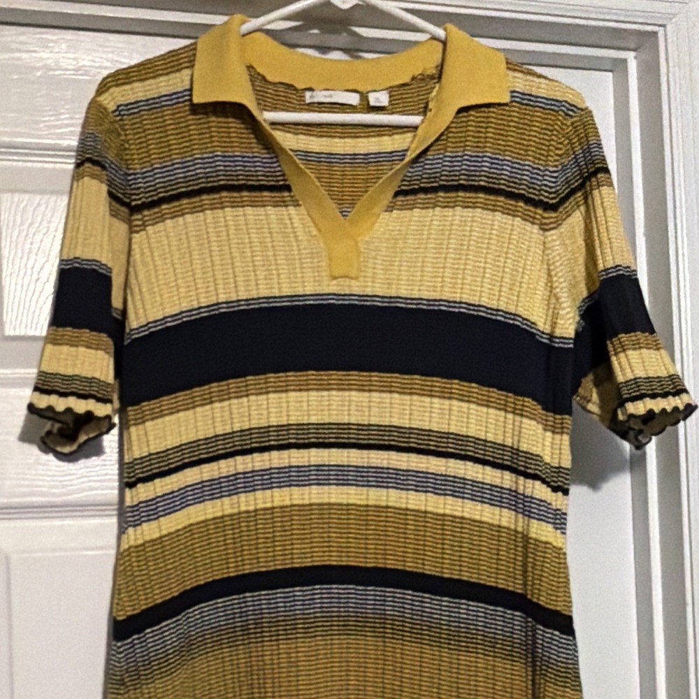 Women's XL Striped Knit Collared Short Sleeve Sweater Dress Yellow Stripes Dress - Picture 7 of 10